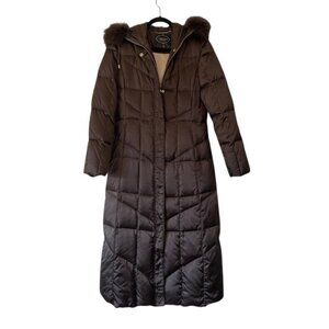 1 Madison Limited Collection Long Puffer Coat Fox Fur Trimmed Hood Brown Size S